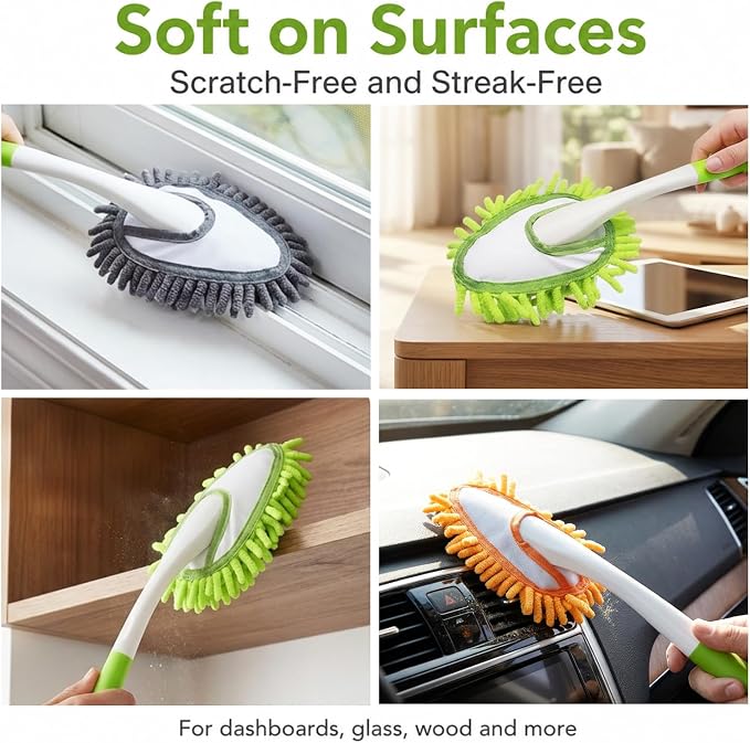 13 Inch Microfiber Feather Duster,with 4 pcs Washable Duster Head, Car Duster, Perfect for Cleaning Windows, Tables, Cars,Furniture, Walls, Fans, Screens