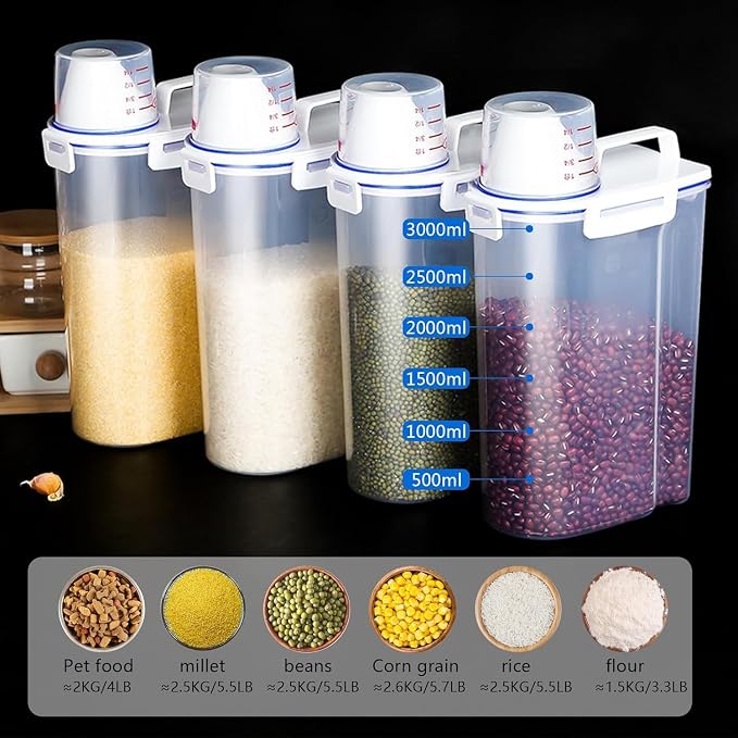 5.5 Lbs Rice Airtight Dry Food Storage Container Set of 4, Rice Storage Bin Cereal Containers Dispenser, Thicken Plastic Clear Food Storage Box with Pouring Spout, Measring Cup for Grain, Flour Snacks | BPA Free, Airtight Lid, with Pouring Spout, Clear...