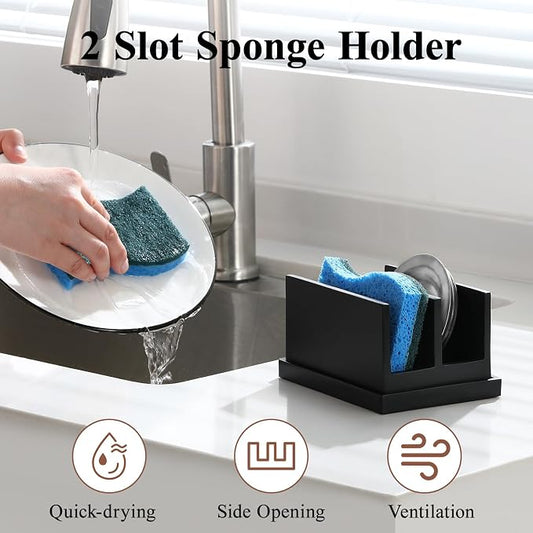 Luxspire Kitchen Sponge Holder for Sink, Dish Sponge Holder with 2 Compartments, Sponge Caddy for Kitchen Sink Counter, Sponge Holder with Drain Tray, Matte Black