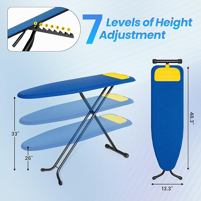 APEXCHASER Ironing Board with Silicon Iron Rest, Space Saver Foldable Ironing Board,Heavy Duty Iron Board, 7 Height Adjustable Irons Table with Anti-Slip Feet, 13x48 Blue