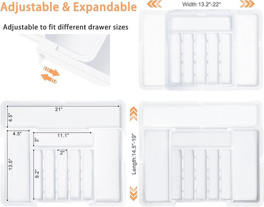 Spaclear Large Silverware Drawer Organizer Expandable Kitchen Utensil Organizer BPA Free Flatware Cutlery Holder Tray Adjustable Plastic Drawer Divider Storage for Forks Knives 6-9 Slots White
