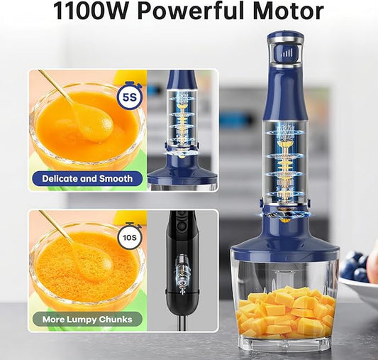 Turelar Immersion Blender Handheld Corded Hand Blenders Set 1100W, Trigger Variable Speed 5 in 1 Stick Emulsifier with Chopper, Whisk and Frother for Soup, Baby Food and Smoothies, Navy Blue