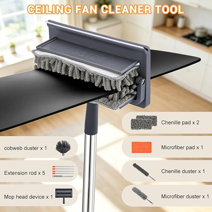 4 in 1 Fan Duster, Ceiling Fan Blade Cleaner with 76“ Long Handle | 360° Reusable Ceiling Fan Cleaners for Blades, Chenille Duster Cleaner Kit for Baseboard, Wall, Floor, Window