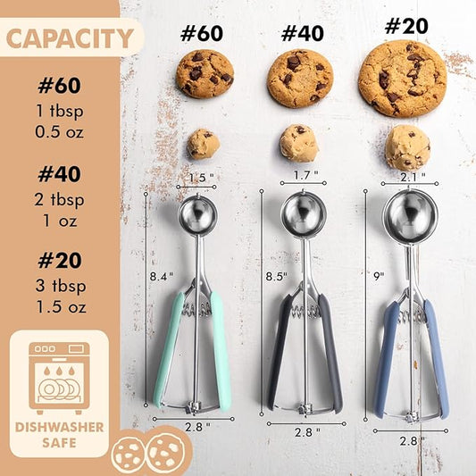 Cookie Scoop set, Cookie Scoops for Baking Set of 3, Size #60/ #40/ #20, Cookie Dough Scoop, Non-Slip Grip, Blue/Black/Mint Handle, For Cookies Muffin Cupcake Meatball Ice Cream