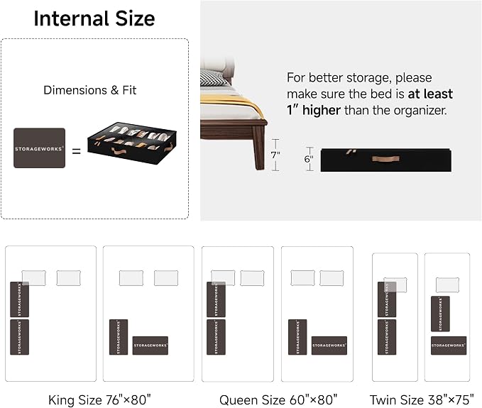 StorageWorks 2-Pack 24-Pair Underbed Shoe Organizer for Closet, Black | Adjustable Dividers, Up to 12 Pairs Each, 5.25" Height, Fits 6-inch+ Clearance, Clear Top, Soft Handles, For Bedroom