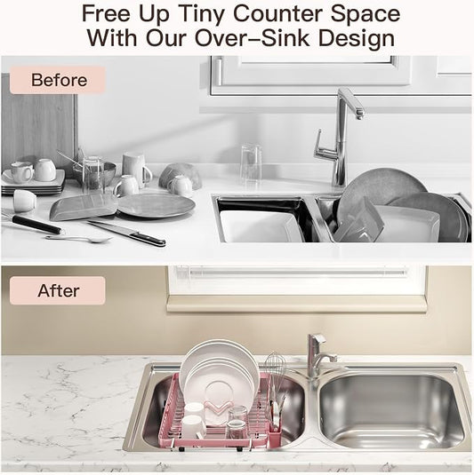MAJALiS Pink Dish Drying Rack Over The Sink with Utensil Holder | Expandable Stainless Steel Dish Drainer for Small Kitchen, Apartment, RV, Counter Space Saving, Perfect Fit, Rustproof