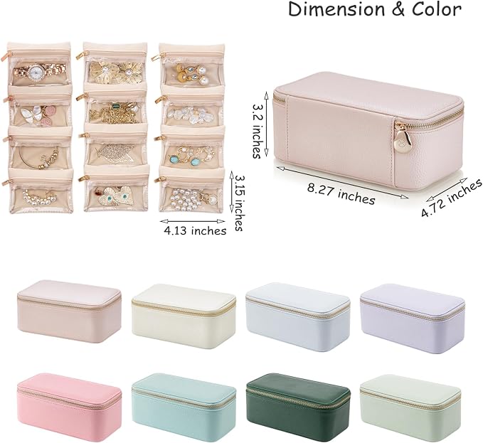 VLANDO Travel Jewelry Box Organizer – Portable PU Leather Jewelry Case with 6/8/12 Zippered Pouches, Compact Storage for Earrings Rings Necklaces Bracelets, Rosy Mauve