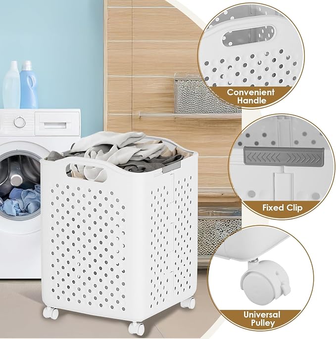 57L Collapsible Laundry Basket with Wheels, Laundry Basket Collapsible, Foldable Laundry Baskets with Handles, Dirty Clothes Hamper for Dorm, Bedroom and Bathroom (Cream White)