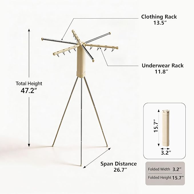 Foldable Tripod Clothes Drying Rack - 6 Clothes Arms & 12 Underwear Clips & 12 Hanging Points & Stainless Steel Legs/Clothes Rods, Portable Clothing Airer for Suitcase RV Balcony Camping