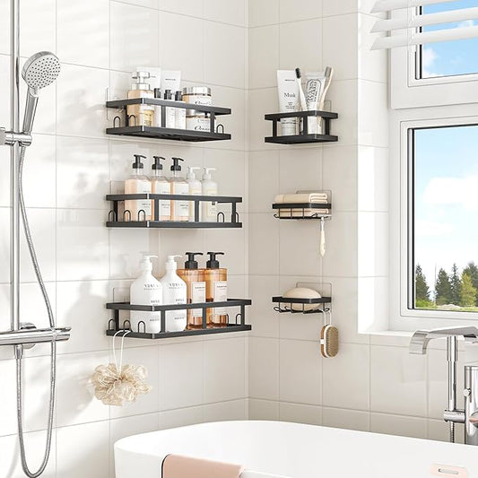 Youvip Shower Caddy 6 Pack, Adhesive Shower Shelves with Soap Holder, No Drilling Rustproof Large Capacity Bathroom Organizers and Storage, Silver