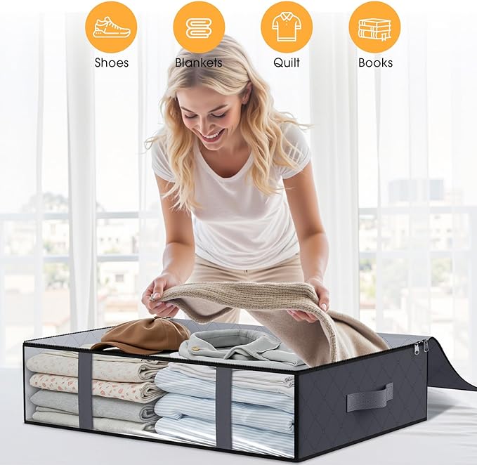 StorageRight Under Bed Storage Bags, 4 Pack, 40L, Gray | Breathable Non-Woven Fabric with a Clear Window and Zippered Top for Clothes, Comforters, Blankets and Seasonal Storage