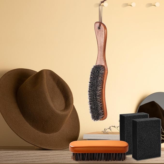 4 Pcs Horsehair Felt Hat Brush Kit with Cleaning Sponge Cowboy Clean Hat Wood Fedora Hat Cleaning Set Baseball Cap Lint Brush Remove Dust for Hair Furniture Suits Clothes(Style A)