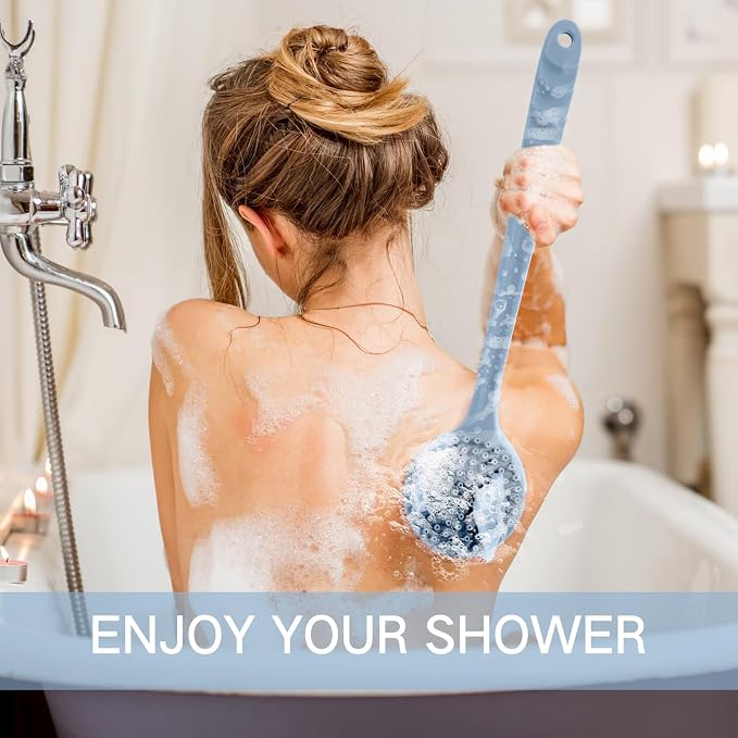 Sunnyray 2 Pack Silicone Back Scrubber for Shower with 15" Long Handle Double-Sided Bath Body Brush for Exfoliating Easy to Clean Quick Dry Deep Cleaning Lathers Well(Gray Blue)