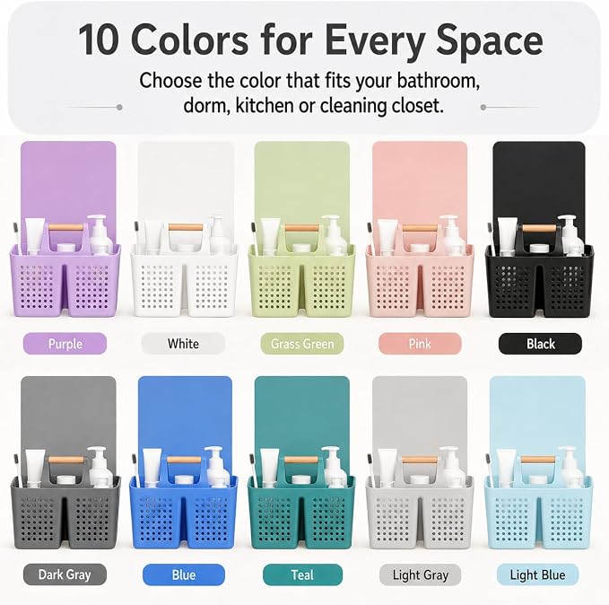 Portable Shower Caddy Basket with Wood Handle, 3-Compartment Bathroom Organizer Tote with Drain Holes, Plastic Shower Basket for Dorm, Toiletries, Cleaning Supplies, White