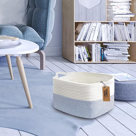 COMFY-HOMI Cotton Rope Woven Basket with Handles for shelf,Toy, Book, Cloth Storage Basket for Organizing-13.5"X11"X9.5" Storage Bin for Living Room, Newborn or Infant Gift for boy girl (White/blue)