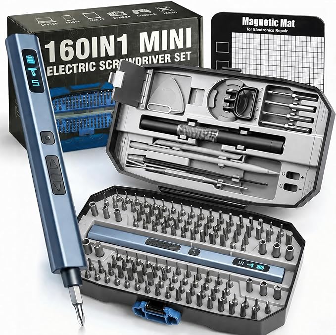 160 in 1 Mini Electric Screwdriver Set: Cordless Precision Power Tool Kit | 140 S2 Magnetic Bits, 5 Torque Settings, 4 LED Lights, Storage Case, PC Electronics Repair, Men's Tech Gift