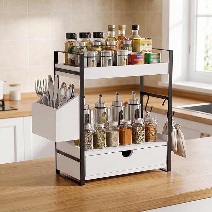 Kottwca 2-Tier Bathroom Counter Organizer with Drawer, Basket & Hooks, Wooden Vanity Shelf for Skincare, Perfume & Makeup Storage(White)