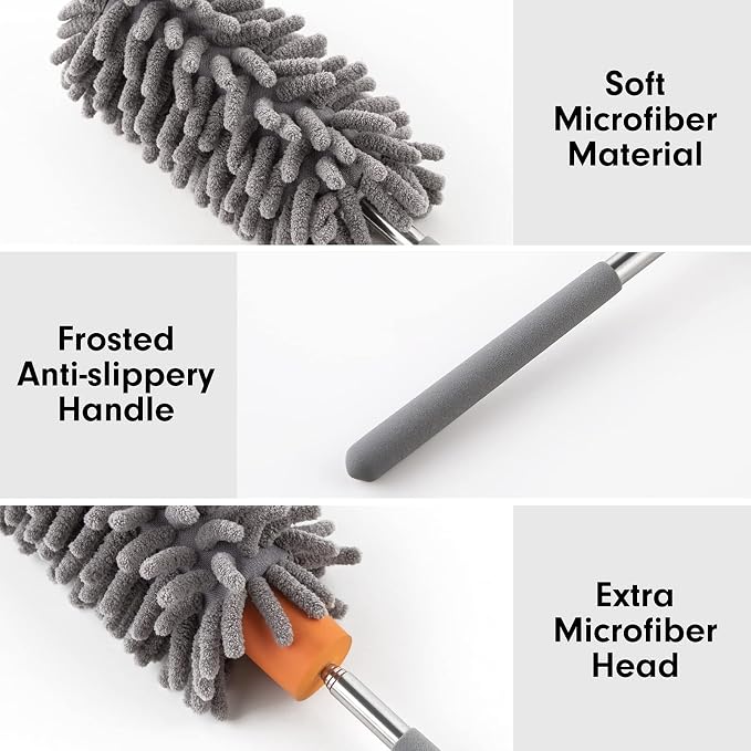 Duster for Cleaning, 10-29" Extension Pole, 2 Washable Heads, Grey | Microfiber Heads, Wet Or Dry, Detachable, Hand Washable, Easy Storage, For Cars, Offices, Windows, Furniture And Ceiling Fans