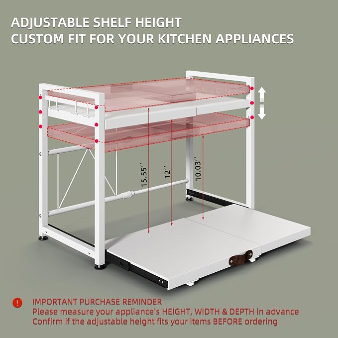 NETEL 2 Tier Expandable Microwave Stand countertop,Microwave Oven Rack | Pull-Out Microwave Shelf, storage shelves for pans &appliances,Adjustable partition height,8 Hooks,55lbs max load,White