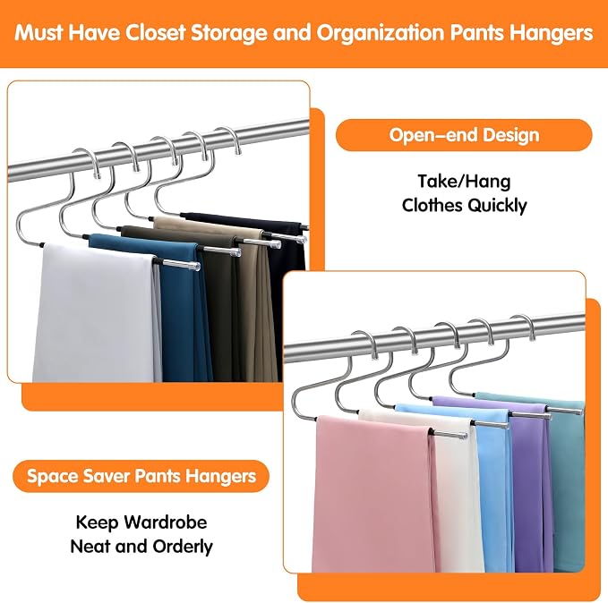 Pants Hangers Space Saving with Open-Ended,Closet Organizers and Storage,10 Pack Non-silp Clothes Hanger for Home Essentials,Dorm Room Essentials for College Students Girls Guys,Hangers for Jeans