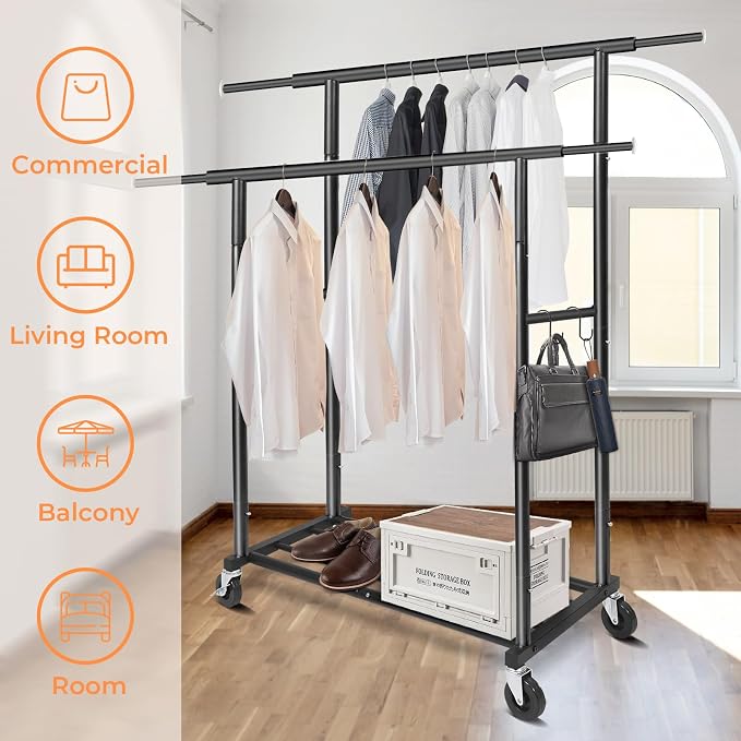 Fishat 48"W x 15"D x 67"H Portable Black Double Rods Garment Clothes Rack | Metal Freestanding Hanging Organizer, Mobile Lockable Wheels, Portable Freestanding, for Storage, Drying, Bedroom