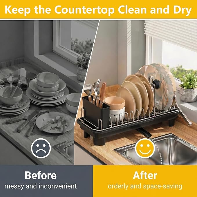 Small Dish Drying Rack,Compact Dish Rack for Kitchen Counter with 360° Rotating Drain Spout and Utensil Holder,Stainless Steel Countertop Dish Drainer for Sink,Space-Saving Design for Small Kitchen
