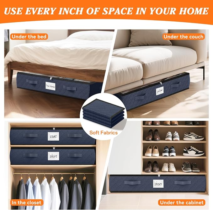 90L Under Bed Storage Containers, Storage Bags, Organizers, 2-Pack, Blue | Foldable, Soft Fabric, Closet Organizers, Reinforced Handle, Label Holder, Clear Window, for Comforters, Clothing, Blankets