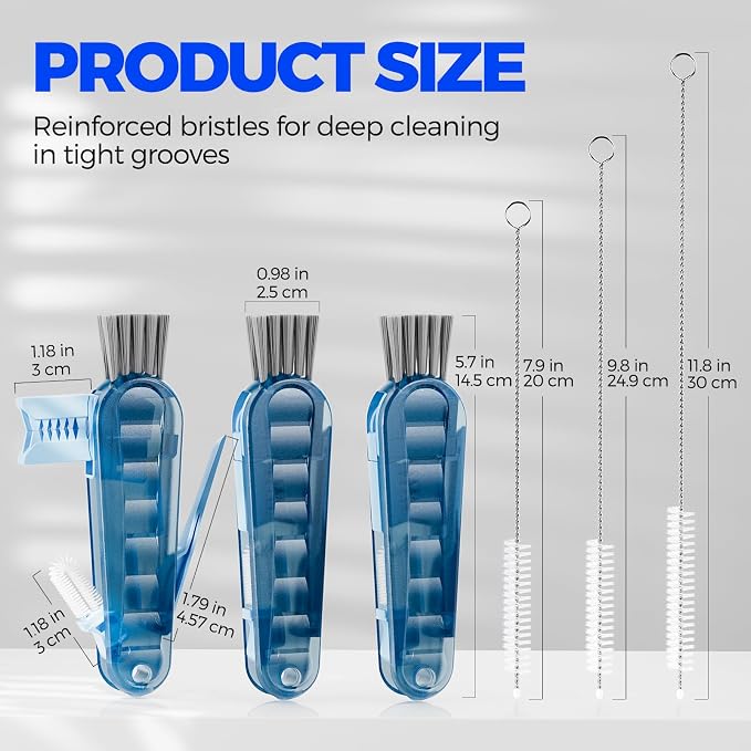 Holikme 6 Pack 4 in 1 Cup Lid Cleaning Brush 3 Straws Bottle Brush,Navy | 4 in 1 Cup Lid Cleaning Brush Multifunctional Bottle Brush, Silicone Cup Lid Gap Cleaner, Bristle Crevice Cleaning Brush