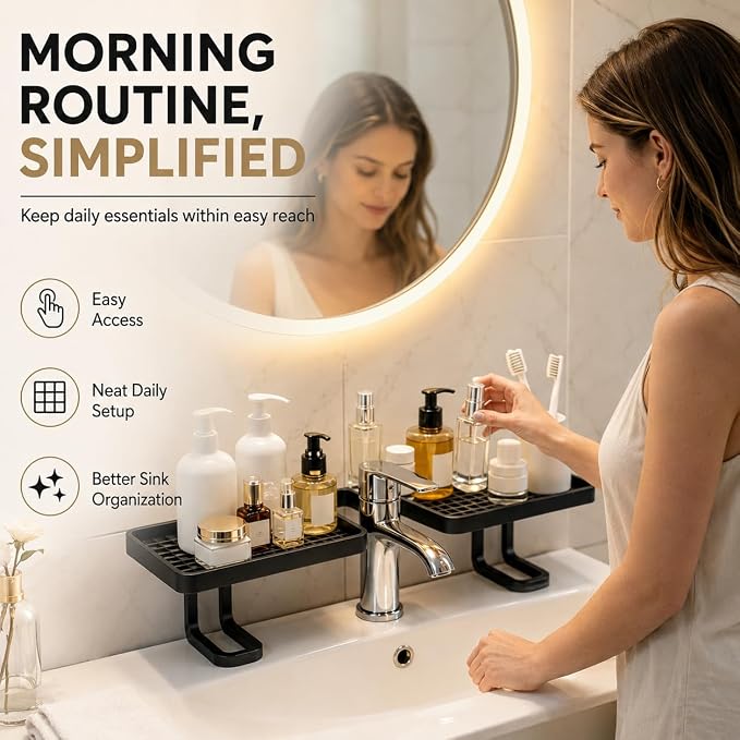 Over Sink Faucet Storage Rack, 2027 New No-Drill Free Standing Faucet Storage Shelf, Space-Saving Bathroom Countertop Organizer for Kitchen & Bathroom, Easy Drainage (Black)