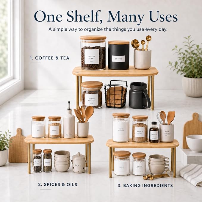 Ibyx Cabinet Organizer Set of 2 - Kitchen Pantry Organizers and Storage with Bamboo Top & Brass-Effect Metal Legs - for Kitchen Counter & Stackable Shelves for Cabinets with 22 lb Capacity - Natural