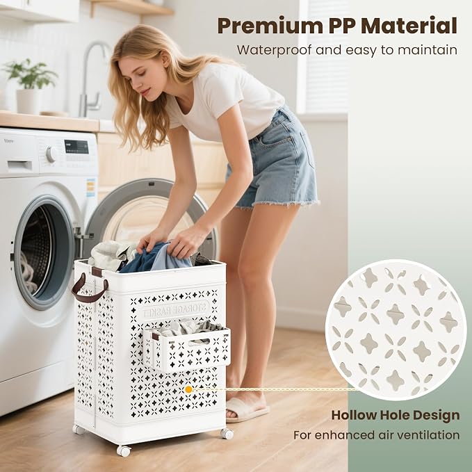 Giantex 75L Collapsible Laundry Baskets with Wheels, Foldable Laundry Basket with Wheels, Handles & Underwear Basket, Large Plastic Laundry Hamper for Bathroom, Bedroom, Dorm