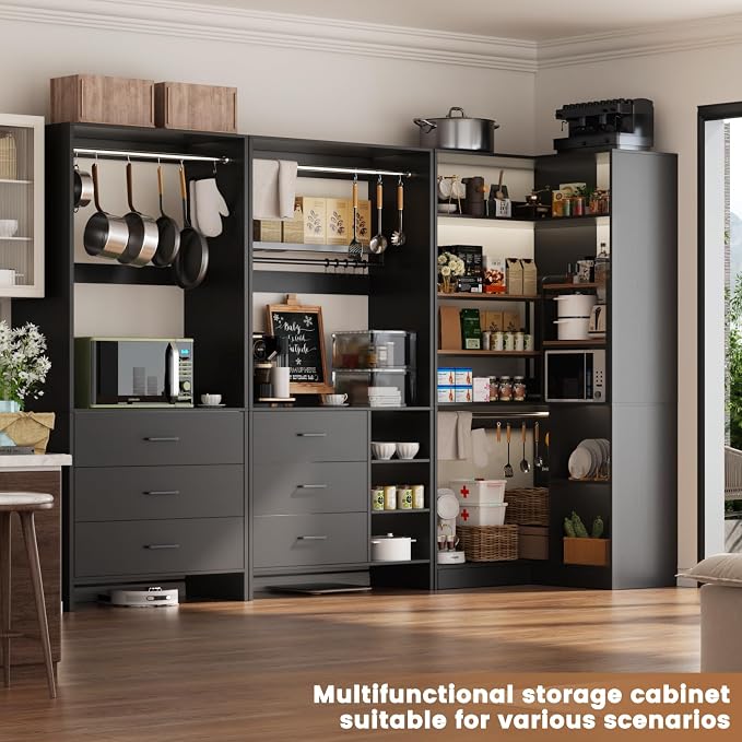 Aheaplus Closet System with 6 Drawers, 4 Hanging Rods & Corner Tower, Corner Closet System with Hanging, 86.8" L-Shaped Walk-In Wardrobe Organizer, 2000+ lbs Capacity, Set of 3, Black