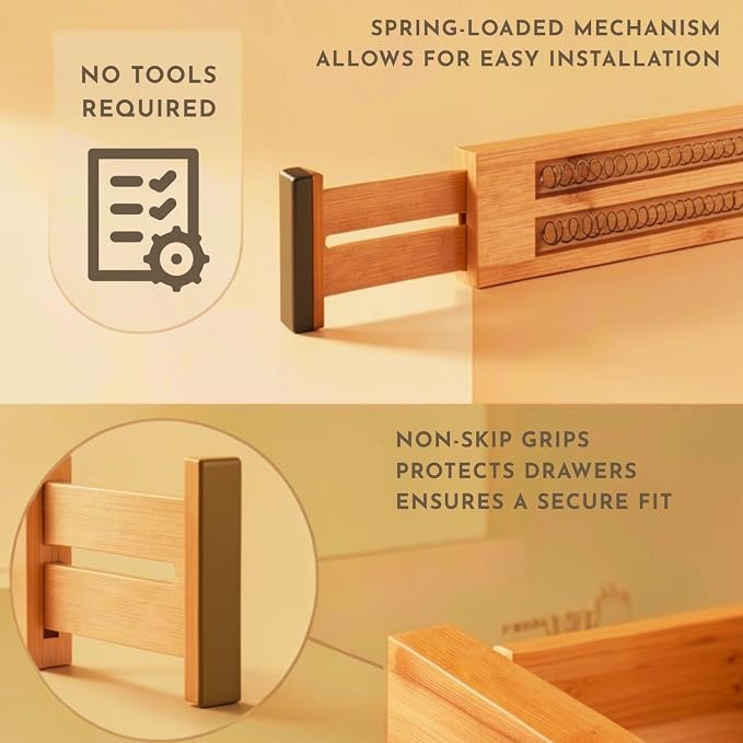 Adjustable Bamboo Drawer Dividers Expandable 8 Pack 17-22 Organizer