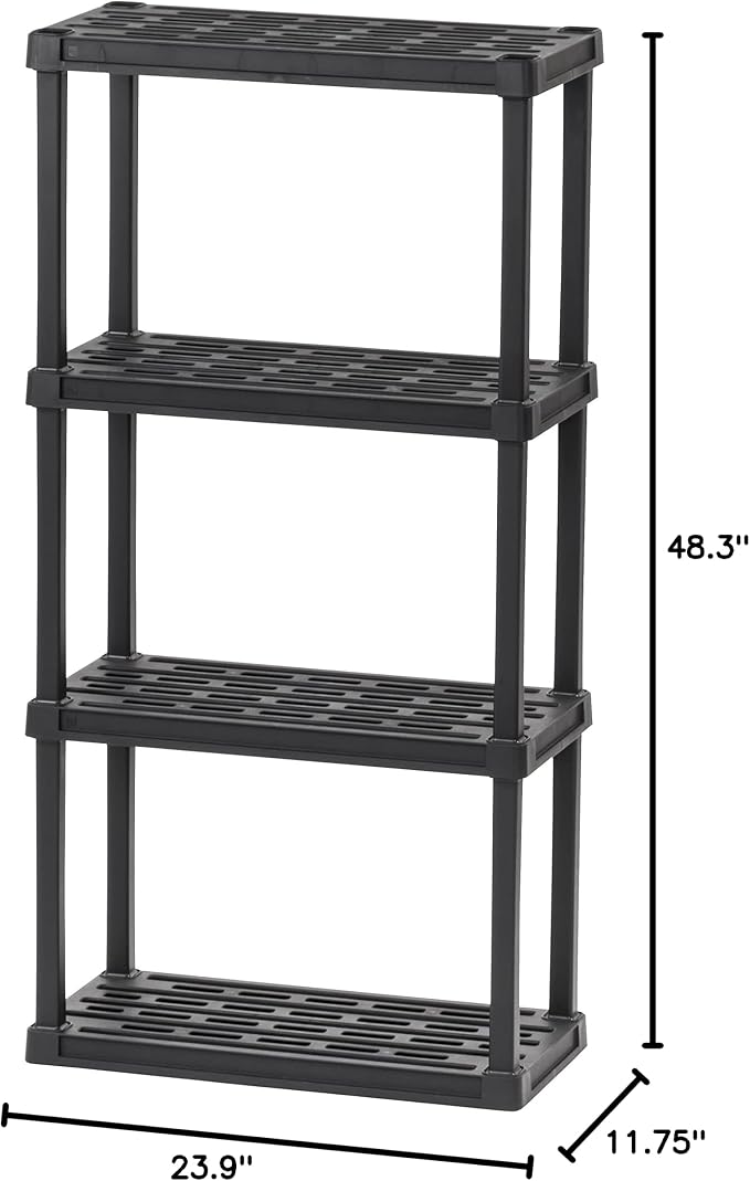 IRIS USA 4-Shelf Light Duty Plastic Storage Shelves, 200lb Capacity, 48" H x 24" W x 12" D, Medium Modular Shelving Unit Storage Organizer for Bathroom, Laundry, Garage & Home, Storage Rack - Black