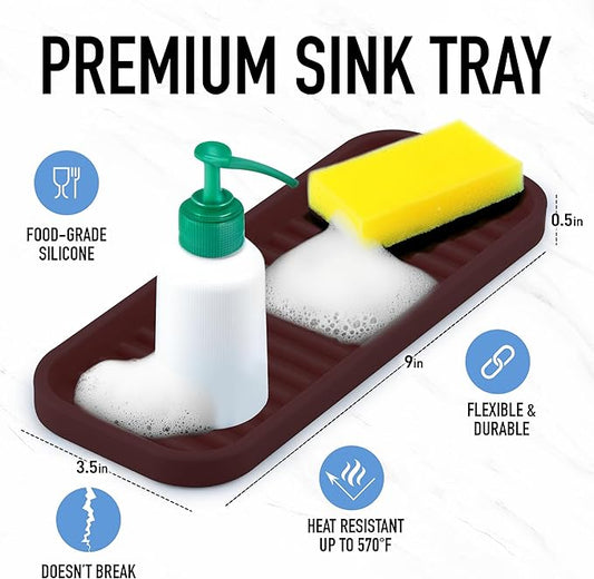 Zulay Kitchen (9x3.5) Silicone Sponge Holder for Kitchen Sink - Flexible Multipurpose Soap Tray - Sink Organizer for Kitchen, Bathroom, Makeup, Trinkets & More (Dark Mahogany)