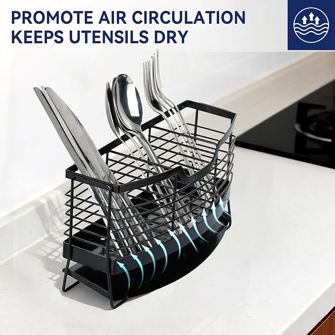 Utensil Holder, Stainless Steel Utensil Drying Rack with Automatic Drain Tray for Kitchen Counter, 3 Compartments Silverware Spoon Holder Cutlery Drainer Sink Caddy, Black