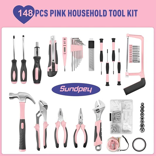 Sundpey Home Tool Kit 148-Pcs - Household Starter Basic Hand Repair portable Tool Set with Case & Ratcheting Screwdriver & Hex Key & Pliers & Wrench & Voltage Tester & Water Pump Plier for Women
