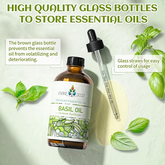 EVOKE OCCU Basil Essential Oil for Diffuser, DIY & Herbal | Fresh, Herbaceous Scent for Candle Making, Soap, Massage & Skin. Pure Basil Oil - 118mL / 4 fl.oz
