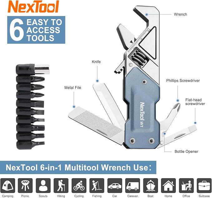 NexTool W1 Adjustable Wrench Multitool, 6-in-1 EDC Screwdriver Tool | Wide Jaw Opening, 9 pack bits set, Durable Stainless Steel, Portable with Nylon Sheath for Cycling, Outdoor, Repairs