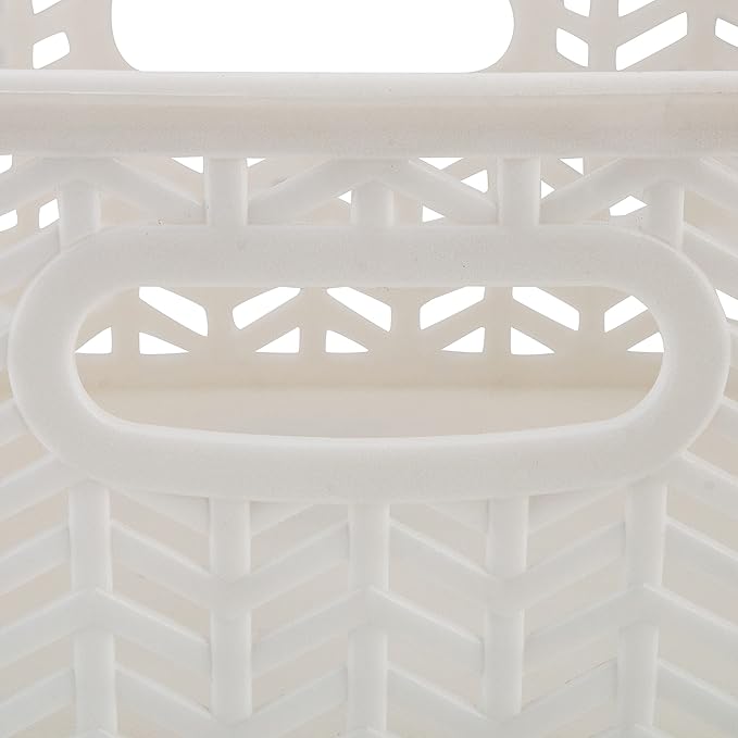 Simplify Small Herringbone Bin Storage Tote Basket Organizer Decorative, Good for Closets, Countertops, Desks, Dressers, Accessories, Cleaning Products, Sports Equipment, Toys, White