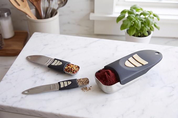 KitchenArt Cook’s Pro Adjust-A-Measure Set, 3-Piece, Satin,Black and Silver | Adjustable Measuring Teaspoon, Tablespoon, 1/2 Cup Scoop | All The Essentials For Baking & Cooking | Kitchen Gadgets & Gifts
