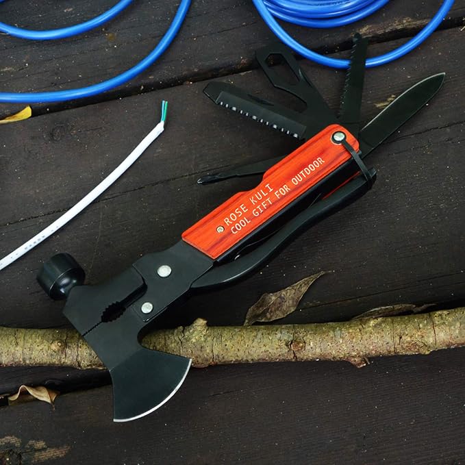 Camping Multitool Axe Hammer, 18 in 1 Multitool Hatchet | Mini Tools with Axe Hammer Plier Set Wooden Handle for Camping Hiking Outdoor Survival Gear Kit, Gift for Men Dad
