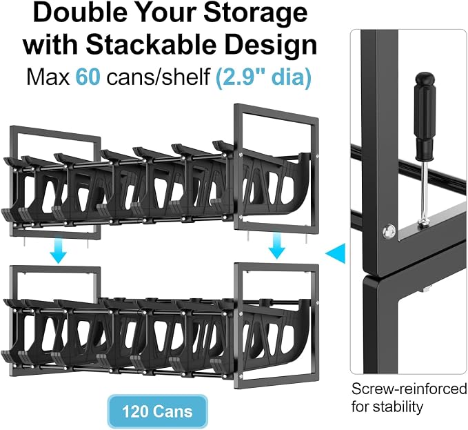 iSPECLE Pantry Can Organizer - Auto-Rolling, Expandable, Holds 120 Cans | Stackable For Walk-in Deep Pantry Shelve, Adjustable Width for Food Cans, Sturdy Metal Frame, Easy Access & Restocking, Black
