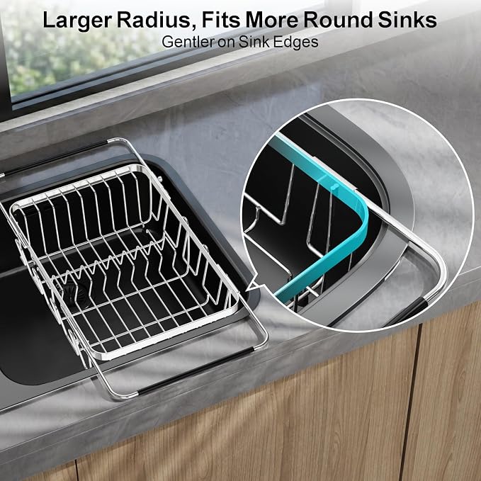 GSlife Dish Drying Rack Over the Sink with Twist-Lock Extendable Handle | Stainless Steel Dish Drainer with Cup Holder and Utensil Holder for Small Kitchen, Apartment, RV, Rustproof, Silver