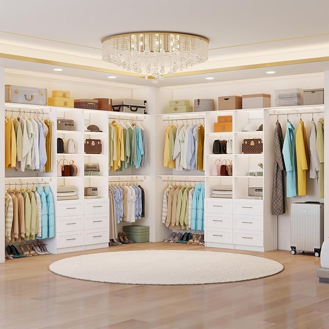 Closet System with 6 Drawers, 6FT-12FT Closet Organizer System with Cuttable Shelves Walk in Wooden Closet Storage System with 6 Hanging Rods Modular Closet, 2 Sets White