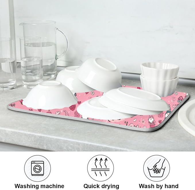 Happy Valentine’s Day Pink Dish Drying Mat for Kitchen Countertop 16x18 Love Gnomes Love Heart Gift Small Drying Mat Reusable Quick Dry Dish Sink Mats Easy Clean Decorative Essentials