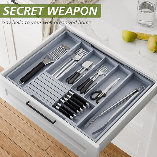 Bamboo Kitchen Silverware Drawer Organizer - Expandable Wood Utensil Holder with Dividers, Luxury Cutlery Storage Tray for Kitchen Utensil and Flatware (5-7 Slots with Removable Knife Block, Grey)