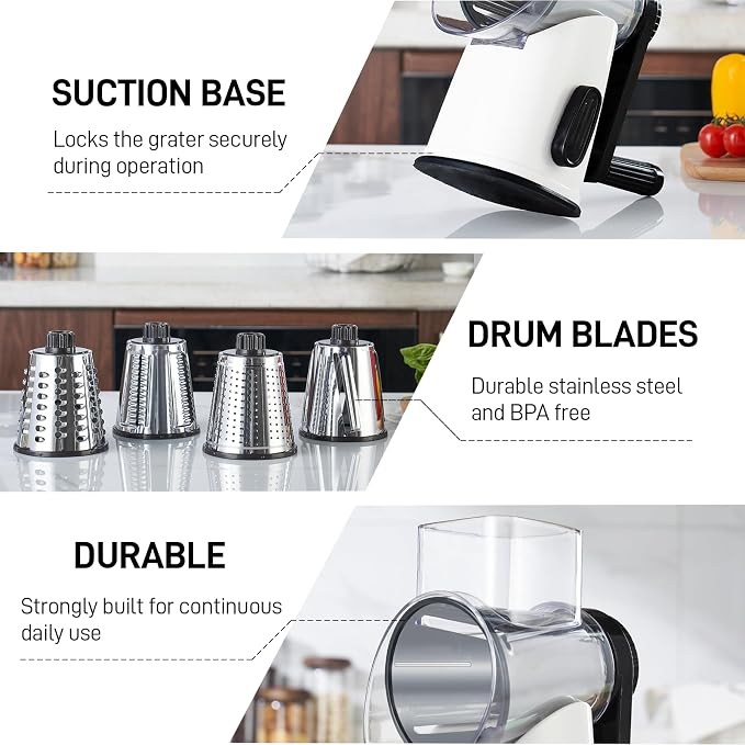 VEKAYA Rotary Cheese Grater Hand Crank, White | 4 Interchangeable Stainless Steel Blades, Large Manual Handle Shredder, Waffle Slicer for Vegetables, Cheese and Nuts