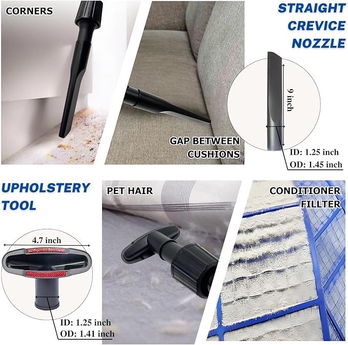 Universal Vacuum Attachments Hardfloor Brush and Replacement Accessories for Vacuum Cleaners - Horsehair Hardwood Floor Attachments and Vacuum Hose Adapter Kit - Vacuum Attachments for Car Detailing