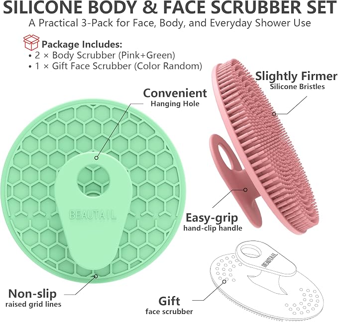Silicone Body & Face Scrubber Set 3 Pack, BEAUTAIL Gentle Shower Scrubber | Hygienic Silicone Loofah, Easy-Grip Handle, Soft Exfoliating Bath Brush for Sensitive Skin, Women, Men & Kids (Pink+Green)